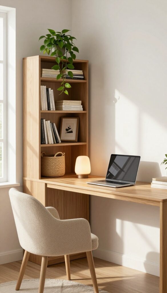Cozy living room corner with a bookshelf desk combo unit styled with books, plant, and lamp