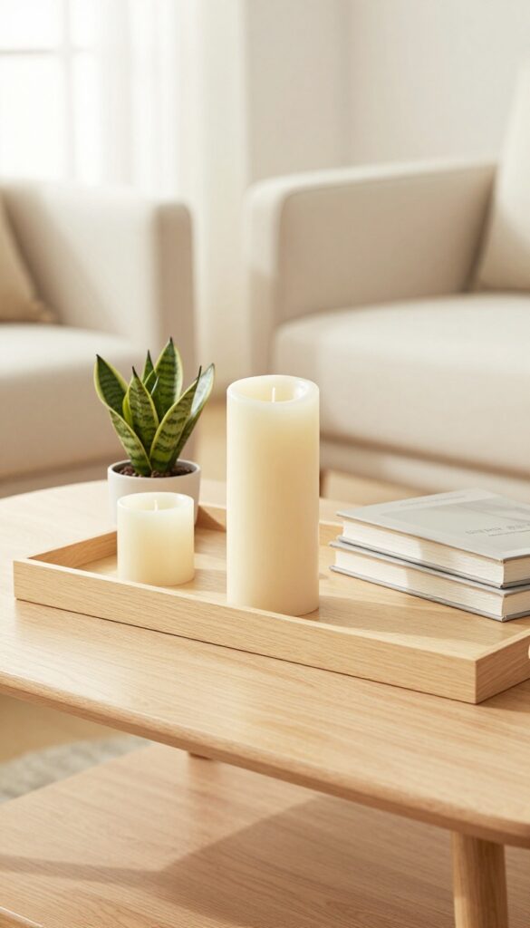 Cream tray on coffee table with candle, plant, and books in cozy living room