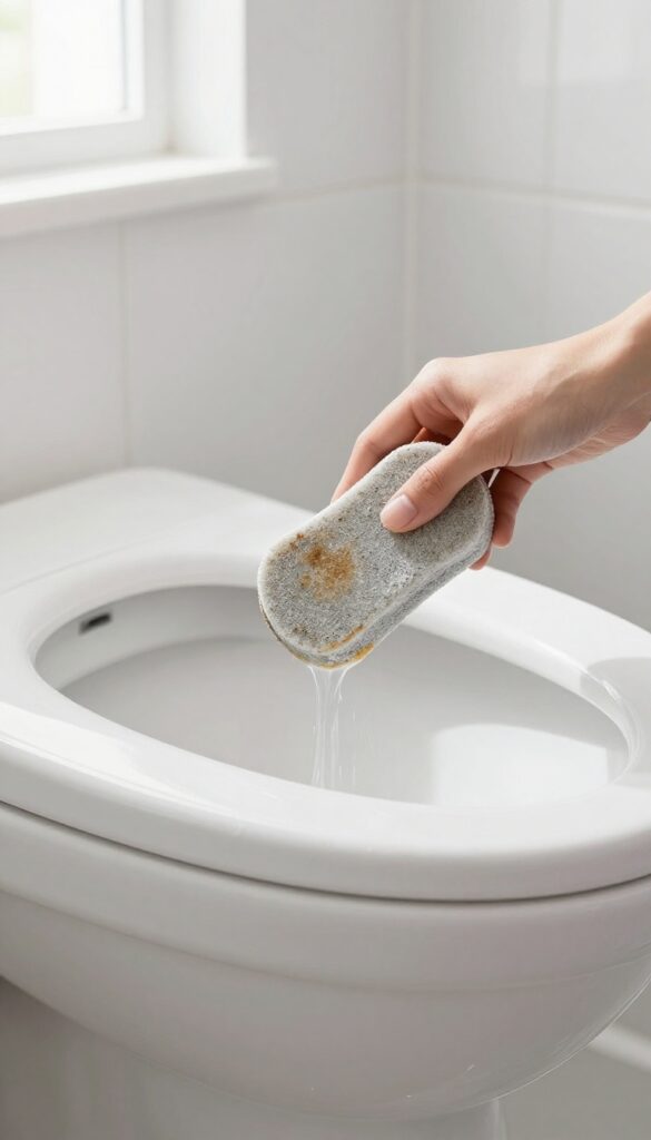 Hand holding a wet pumice stone scrubbing a toilet bowl stain in a bright bathroom