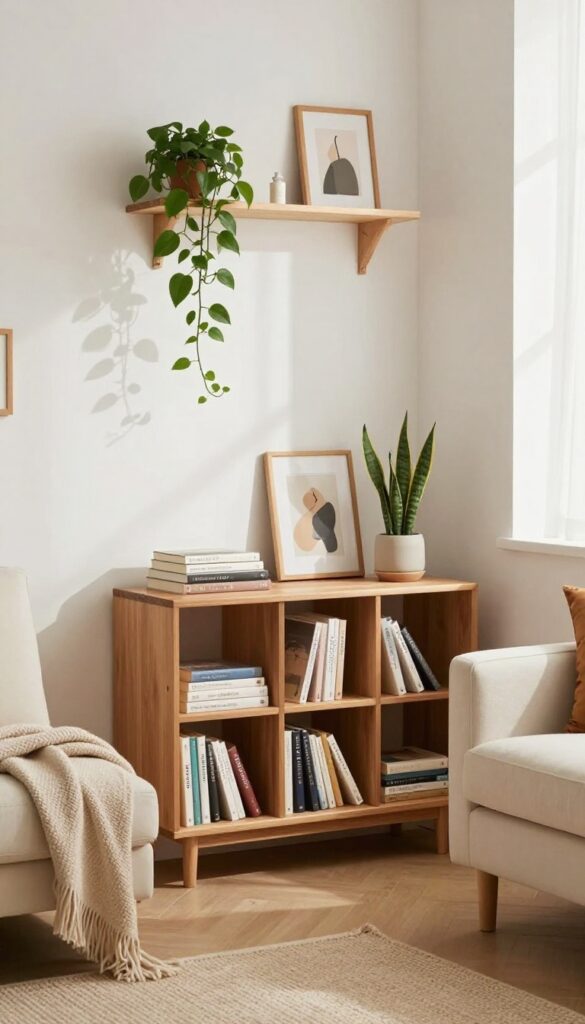 Cozy living room with IKEA FLISAT bookcase styled with books and plants