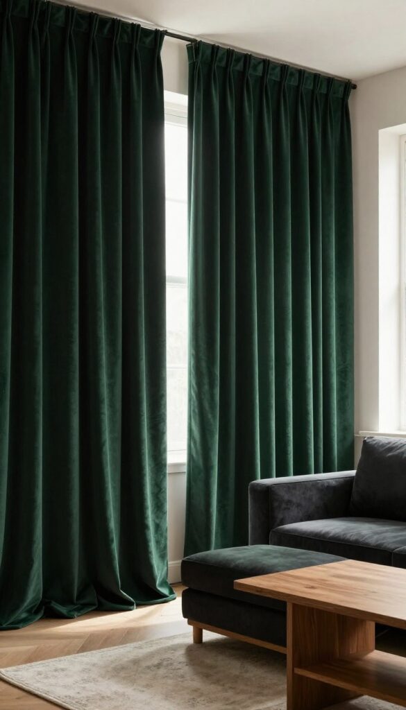 Moody living room with floor-to-ceiling forest green velvet curtains pooling on the floor, creating a dramatic and cozy atmosphere.