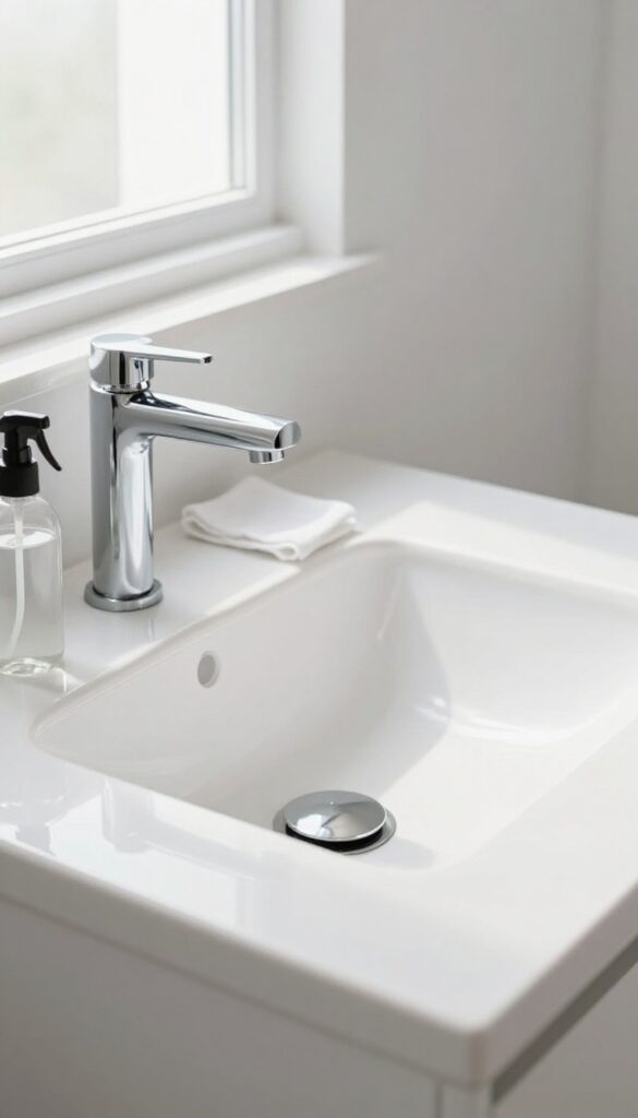 Bathroom countertop with spray bottle and microfiber cloth for cleaning with rubbing alcohol