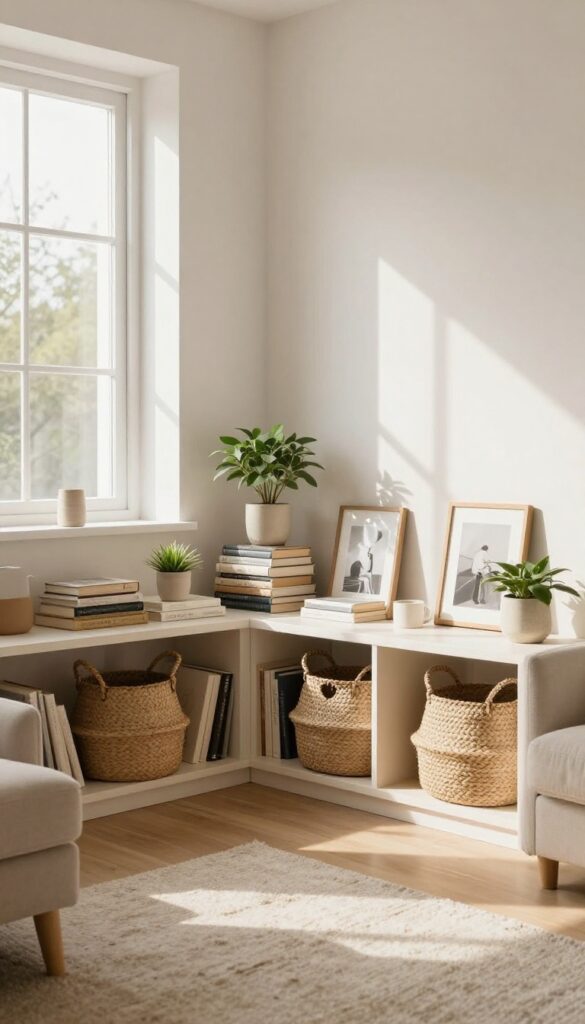 Cozy living room with built-in bookshelves featuring woven baskets and curated decor