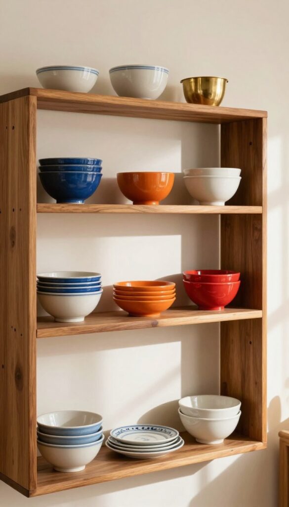 Open shelving with colorful Indian dishware arranged by color, brass tumblers, hand-painted ceramics, warm wood shelf, natural light, living room decor