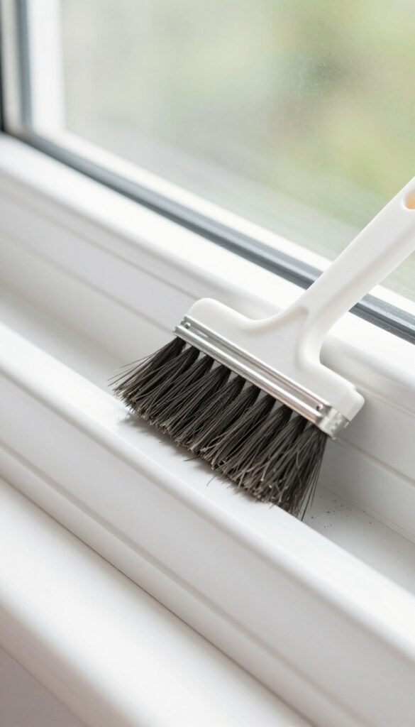 Cleaning window tracks with a paintbrush and vacuum crevice tool