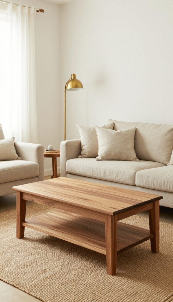 Neutral living room with mixed wood tones, walnut coffee table, oak side table, reclaimed shelf, linen cushions, chunky knit throw, jute rug, brass lamp, soft natural light.