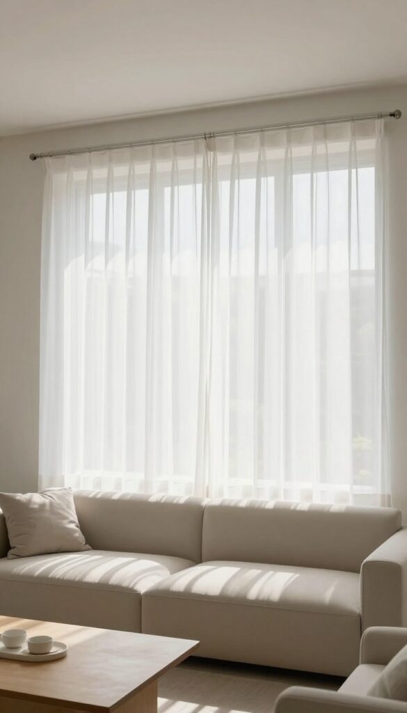 Minimalist living room with white sheer curtains letting in soft natural light, creating an open and airy feel.