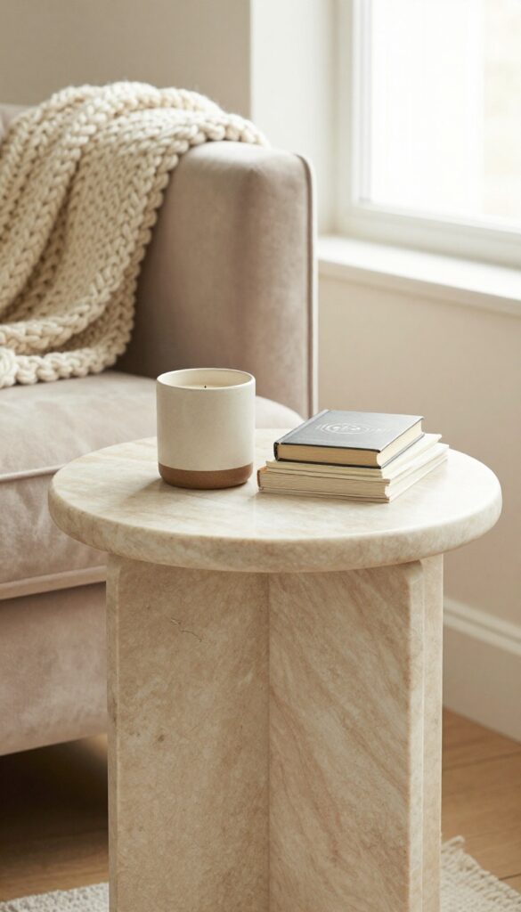 Marble accent side table in a cozy glam living room with knit throw and velvet sofa.