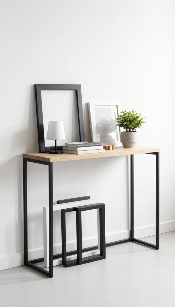 Layered frames on a console table with lamp, books, and plant in bright natural light