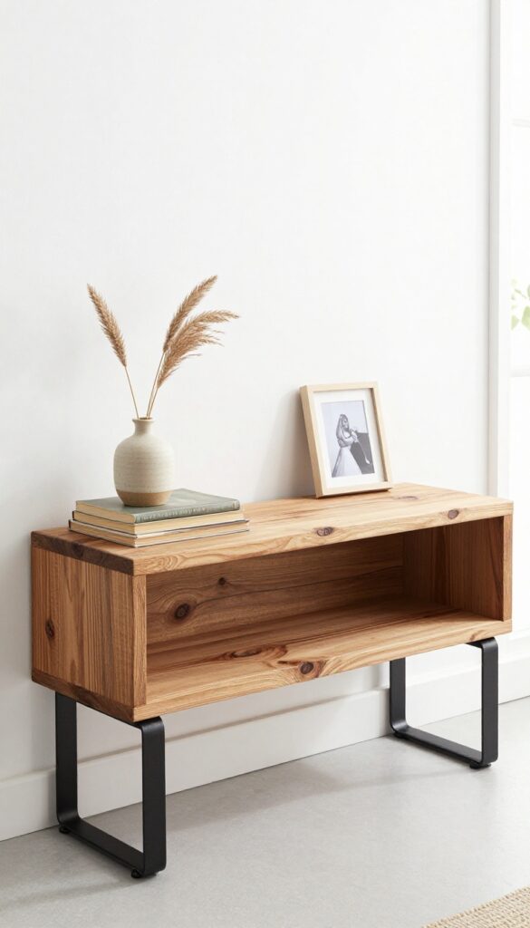 Rustic wood shelf with metal brackets styled with books, vase, and photo frame
