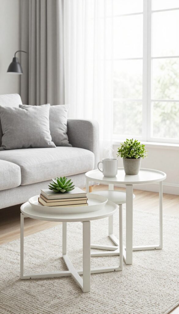 Nesting tables in a tiny living room with coffee table setup and side tables