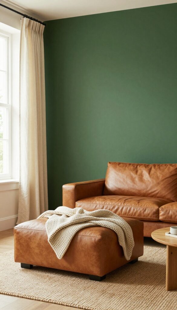 Living room with deep forest green wall, tan leather ottoman, cream curtains, and natural textures in warm light.