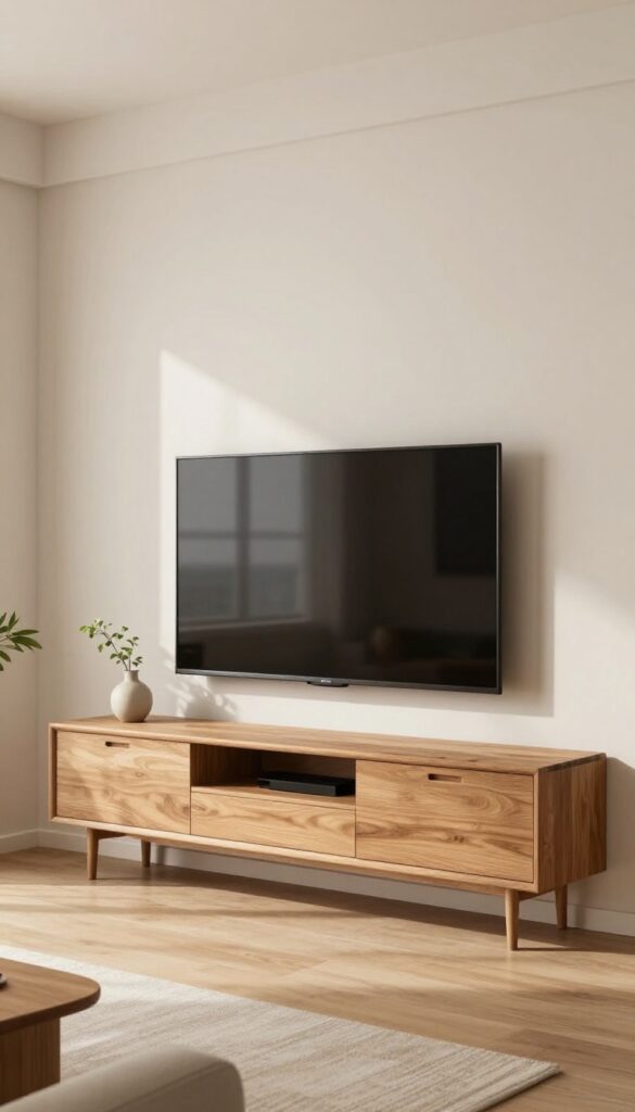 Floating TV console with hidden cord management in a bright living room