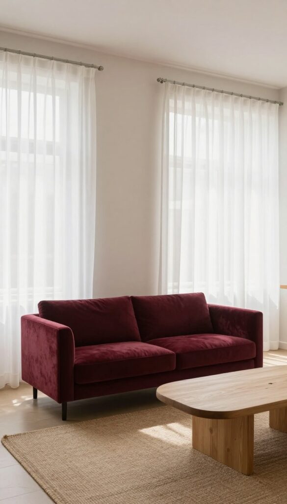 Living room with burgundy sofa and white sheer curtains letting in soft light