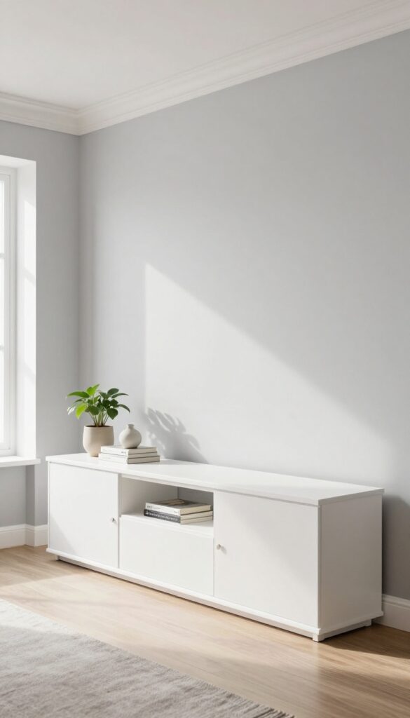 IKEA Besta storage wall with crown molding and baseboard trim for a custom built-in look in a bright living room