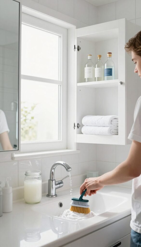 Seasonal deep clean rotation in a bright bathroom with scrubbing grout, soaking showerhead, and organized cabinets.