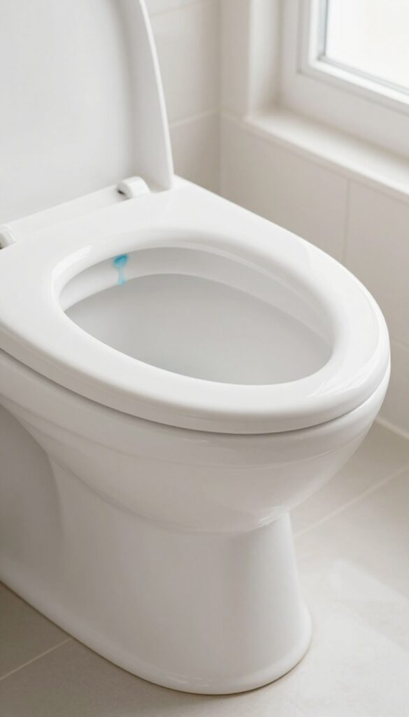 Close-up of a toilet bowl with a blue gel stamp under the rim for continuous cleaning maintenance