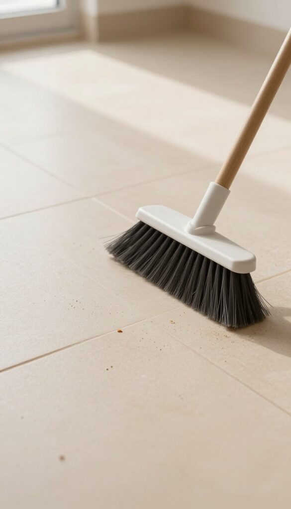 Soft-bristle broom sweeping dust from tile floor grout lines in bright natural light