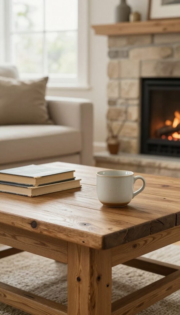 Close-up of a rustic oak coffee table with visible wood grain in a cozy cabin-inspired living room with fireplace and plaid blanket.