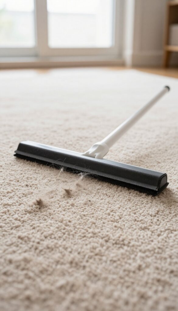 Using a rubber squeegee to remove pet hair from a low-pile carpet, clumps of hair visible
