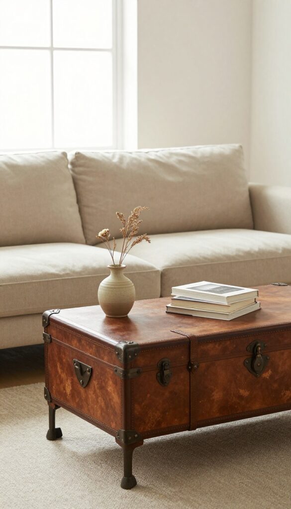 Vintage trunk coffee table in cozy living room with neutral decor and natural light