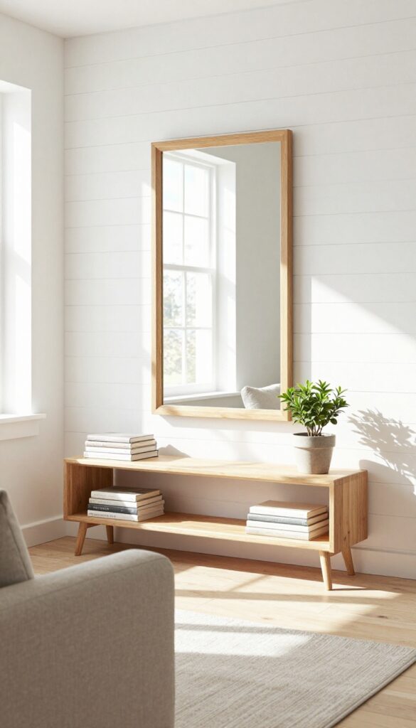 A large mirror leaning against a wall in a bright cottage living room, reflecting light and styled with a plant and books.