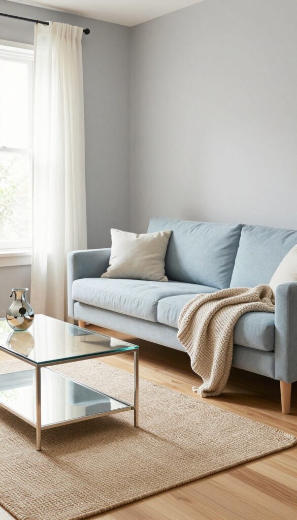 Dove grey and pale blue living room with silver and glass accents, soft textures, and natural light.