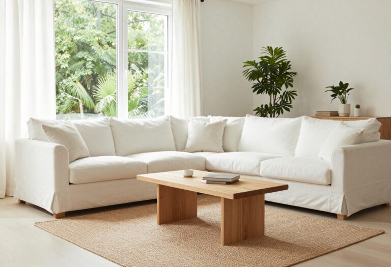 Modern cottage living room with white slipcovered sofa, light wood coffee table, and natural light