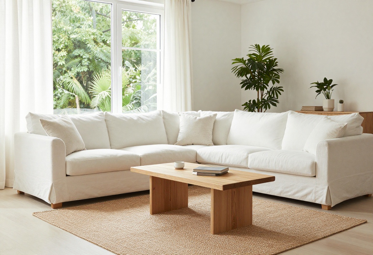 Modern cottage living room with white slipcovered sofa, light wood coffee table, and natural light