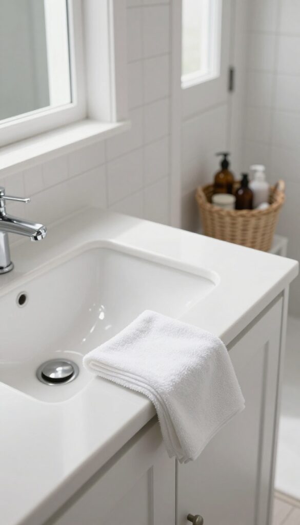 Empty bathroom countertop with a microfiber cloth, natural light, and a basket of toiletries on the floor