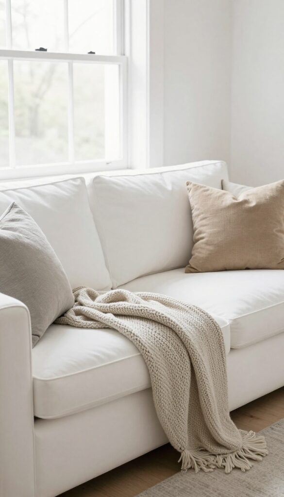 A white slipcovered sofa in a bright living room with textured throw pillows and a knit blanket, showcasing a tailored fit and washable fabric.