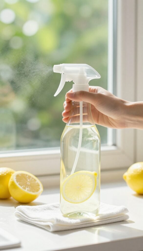 Homemade lemon juice glass cleaner in a spray bottle, sparkling window, and microfiber cloth in a bright kitchen.