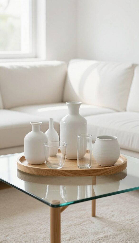 White ceramic vases and glassware arranged on a wooden tray on a coffee table in a bright living room