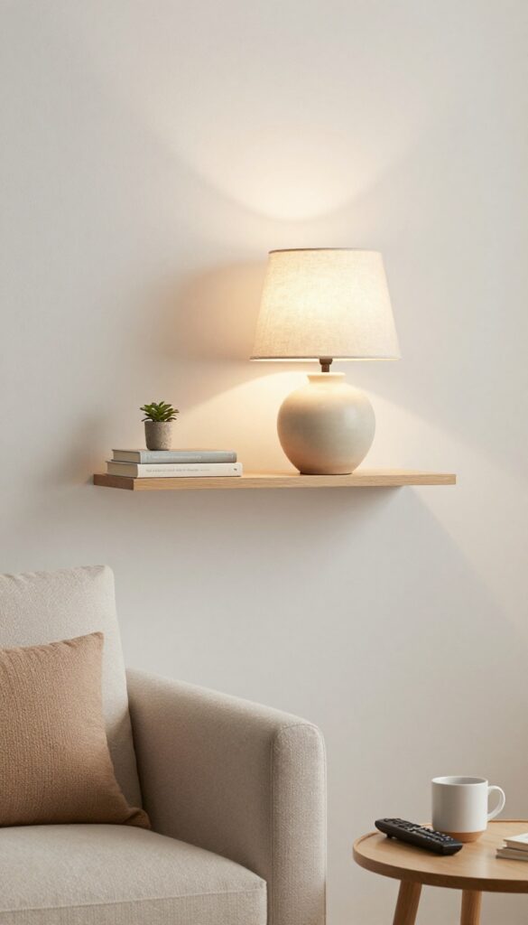 A compact table lamp on a floating shelf beside a sofa, with a clear side table below, warm natural light.