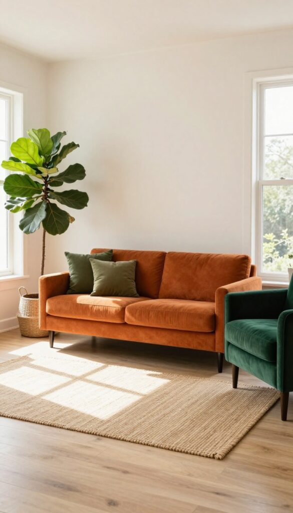 Burnt orange sofa with deep green accents, olive pillows, forest green armchair, and leafy plants in a bright living room