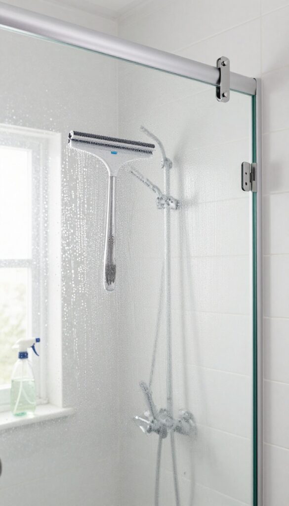 Shower glass door being squeegeed with cleaning supplies nearby