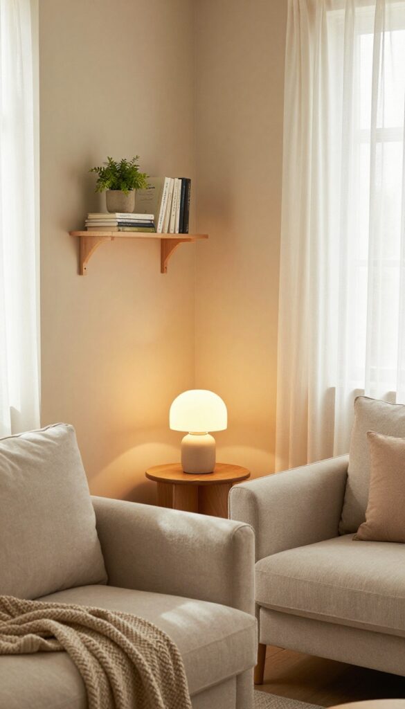 Cozy living room with layered soft lighting from floor lamp, table lamp, and wall sconce