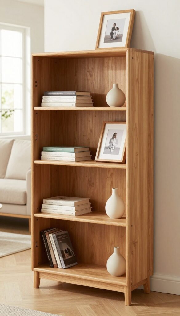 A tall bookcase with open upper shelves and closed lower cabinets in a cozy living room, styled with books and decor.