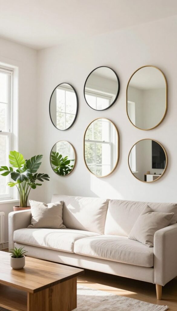 Small living room with a mirror accent wall featuring a curated grouping of mirrors in different shapes and thin frames, reflecting natural light from a window opposite.