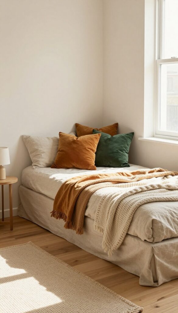 Compact daybed in small living room with pillows and blanket by window