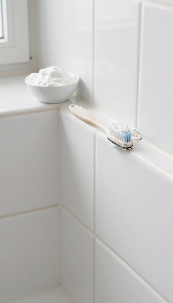 Close-up of scrubbing shower grout with baking soda paste using a toothbrush, bright natural light, clean tiles.