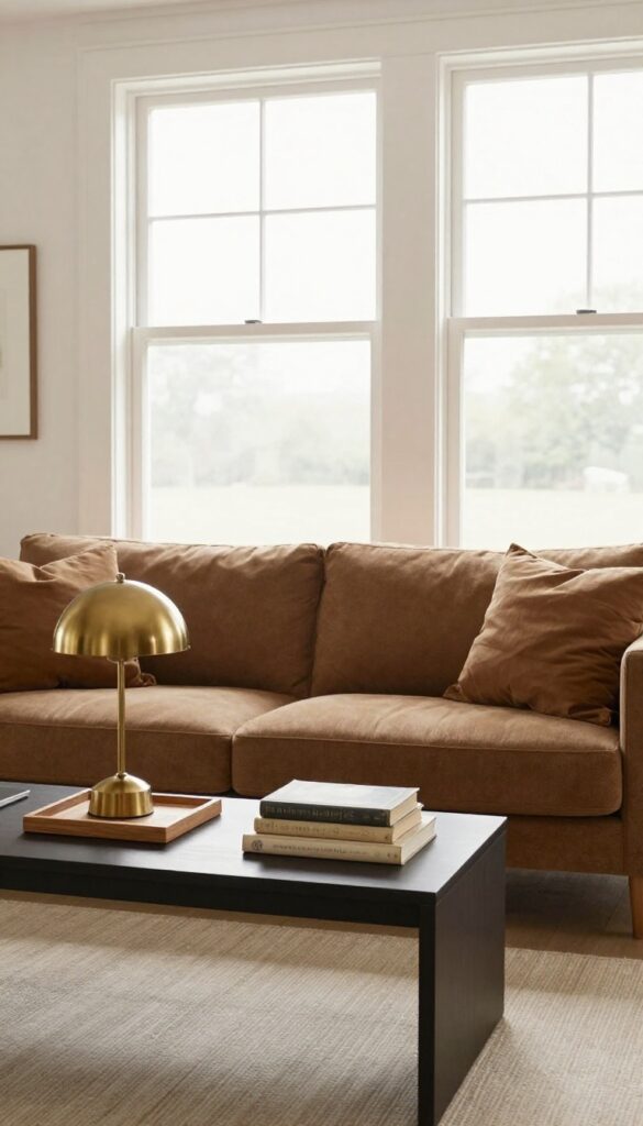 Slim console table behind brown sofa in small living room