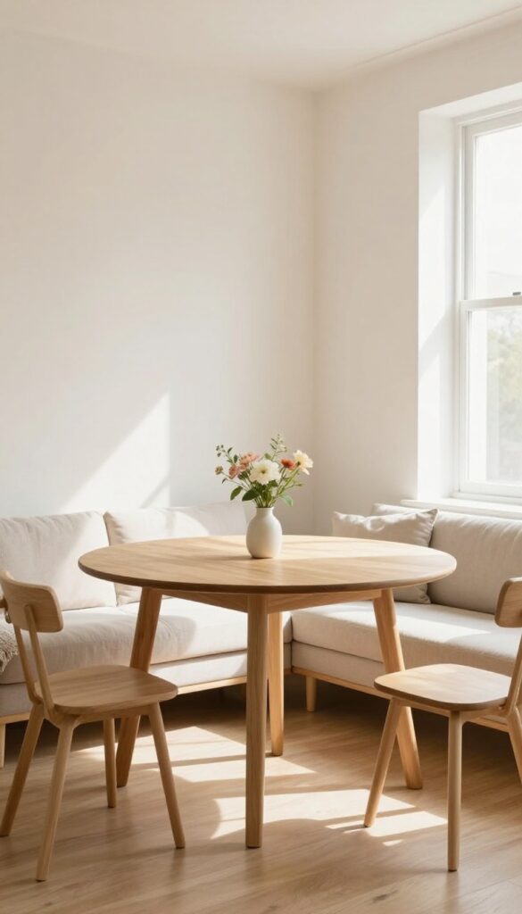 Small living-dining room with a round wooden table near a window, sofa and plants, bright natural light.