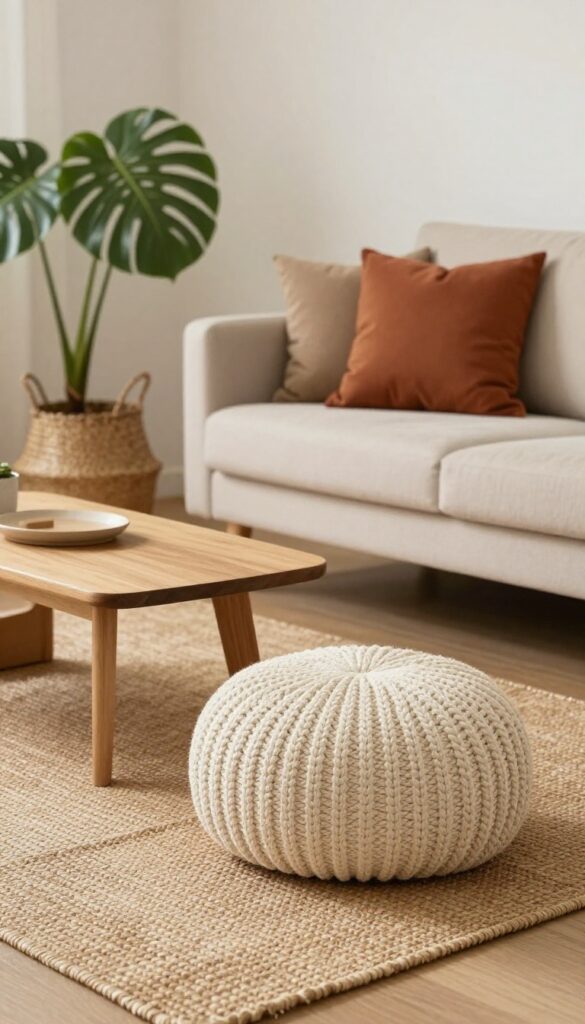 Cozy living room with a chunky knit cream pouf near a low coffee table, warm natural light, and neutral decor.