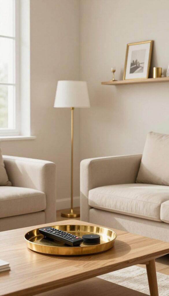A small living room with brass accents including a tray on a coffee table, a floor lamp, and picture frames on a shelf, all catching natural light.