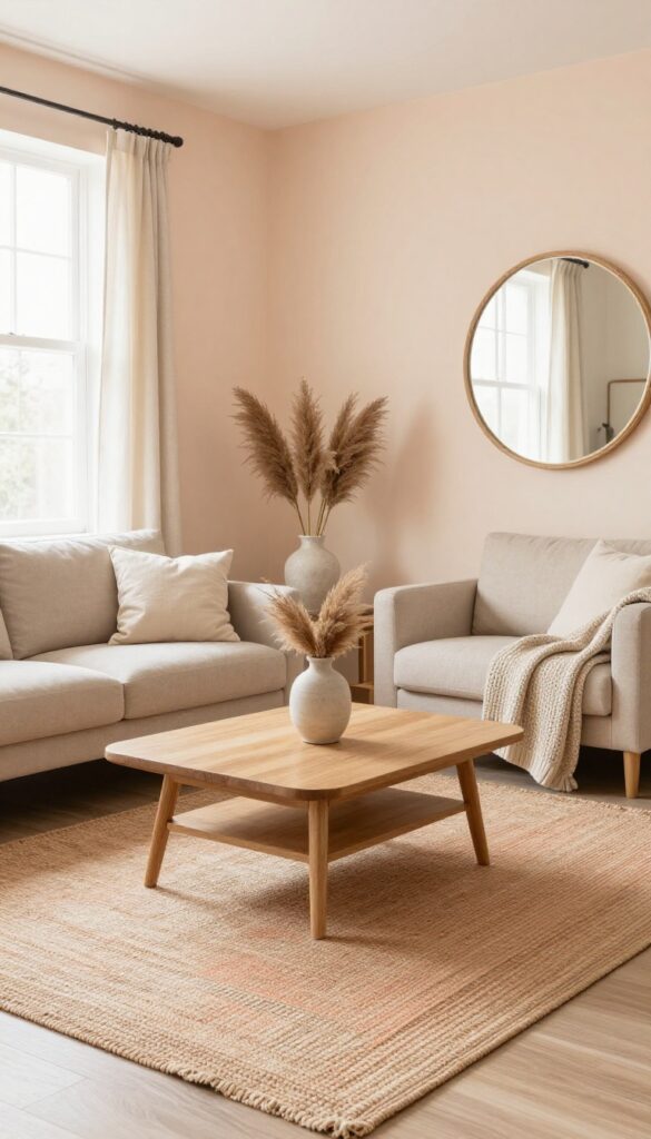 Earthy boho living room with pale peach walls, sandy beige furniture, and natural wood accents.