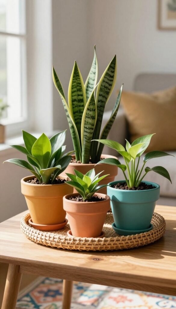 Painted terracotta pots with indoor plants on a side table in a bright Indian living room
