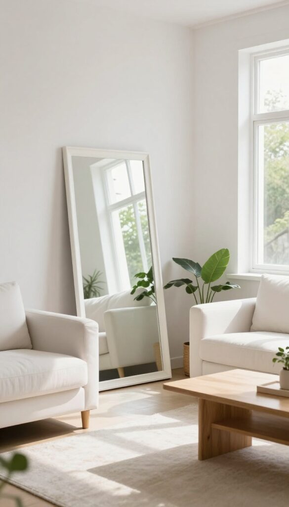 A white living room with a large mirror leaning against the wall, reflecting a sunlit window and greenery, creating a bright and airy space.