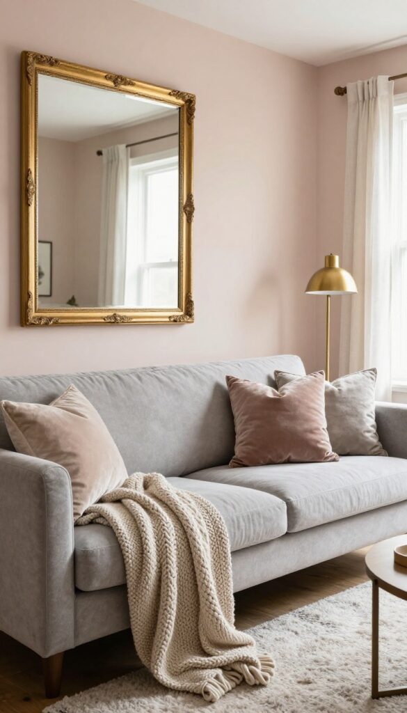 Cozy living room with blush accent wall, gray sofa, gold mirror, and textured pillows