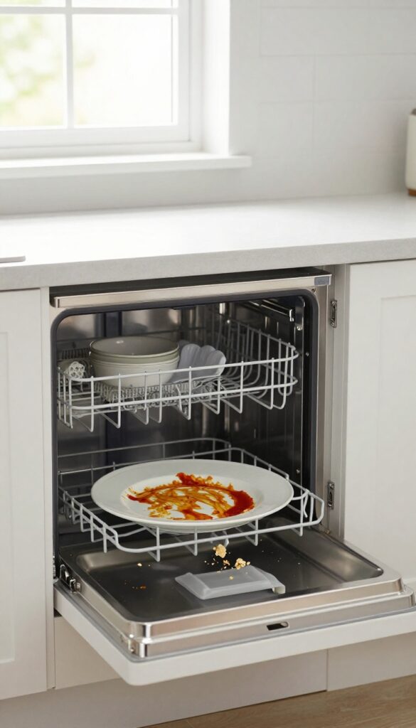 Scraping food scraps into compost bin before loading dishwasher